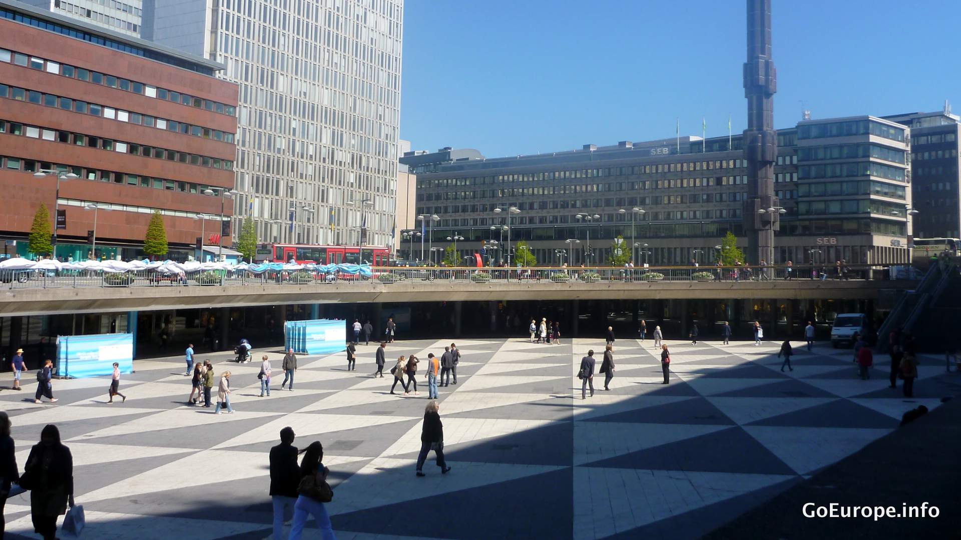 The geometric plaza and glass obelisk at Sergels torg in Stockholm.