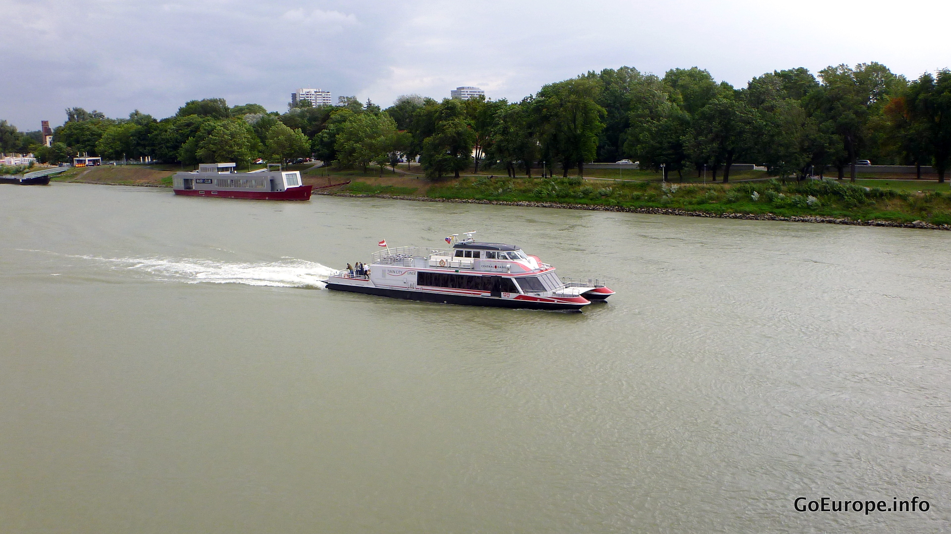 Boat to Vienna which takes about one hour.